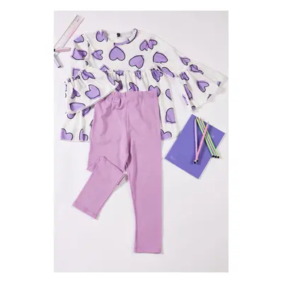 Trendyol Lilac Girl Seasonal-Thin Heart Patterned Cotton Knitted Bottom-Top Set