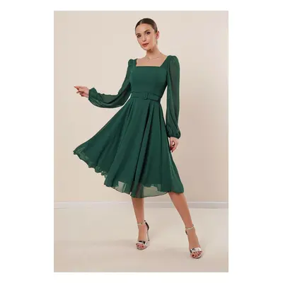 By Saygı Square Neck Belted Lined Flared Chiffon Dress