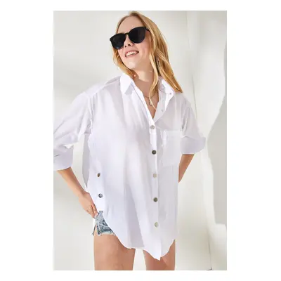 Olalook Women's White Button Detailed Oversize Woven Shirt