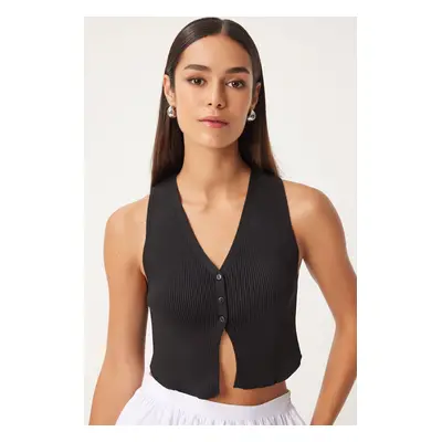 Happiness İstanbul Women's Black V-Neck Crop Knitwear Vest