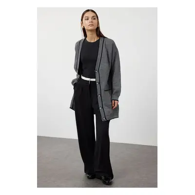 Trendyol Anthracite Contrast Piping Detailed Knitwear Cardigan