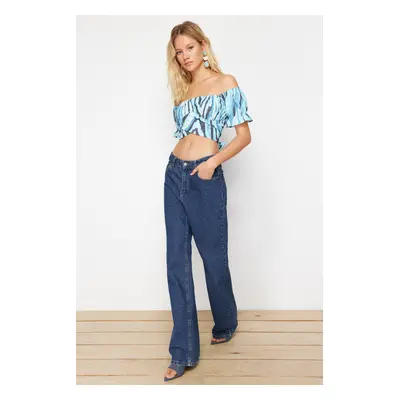 Trendyol Blue Crop Off Shoulder Patterned Woven Blouse