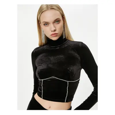 Koton Crop Velvet T-Shirt Shiny Stones Long Sleeve High Neck - Handcrafted Collection