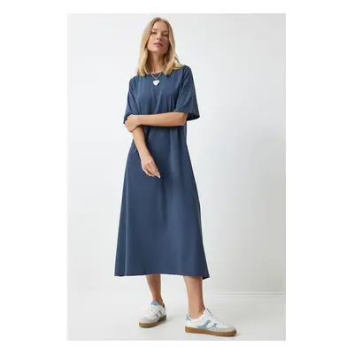 Happiness İstanbul Women's Smoked Crew Neck Loose Comfortable Combed Cotton Dress