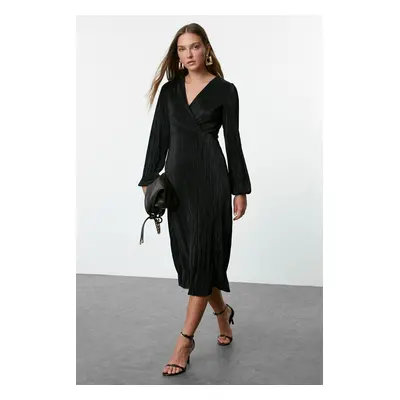 Trendyol Black Pleat Lined Wrap Midi Stretchy Knitted Dress