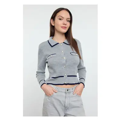 Trendyol Gray Color Block Polo Neck Knitted Cardigan