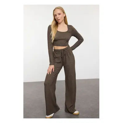 Trendyol Brown Soft Crop and Wide Leg Knitted Top and Bottom Set