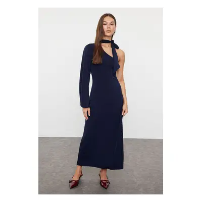 Trendyol Navy Blue Plain Scarf Detailed Fitted Flexible Knitted Dress