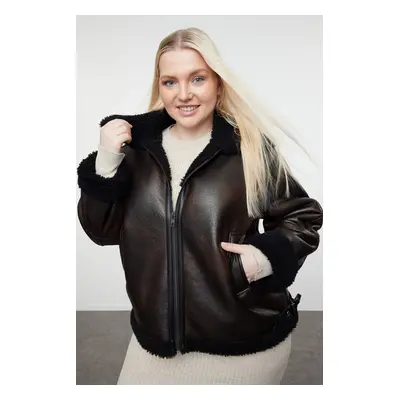 Trendyol Curve Brown Regular Fit Faux Leather Biker Coat with Fur Detail