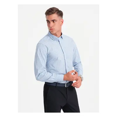 Ombre Men's REGULAR FIT cotton shirt with vertical stripes - blue and white OM-SHOS