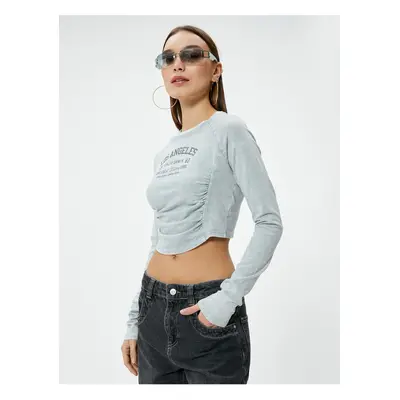 Koton Crop Long Sleeve T-Shirt College Printed Draped Detail Cotton