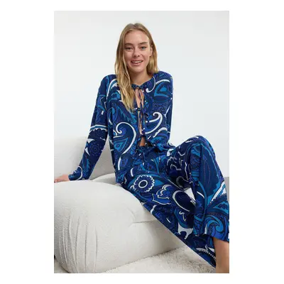 Trendyol Navy Blue Ethnic Patterned Tie/Ribbon/Bow Detailed Viscose Woven Pajama Set