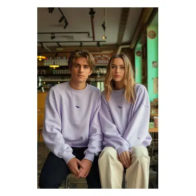 Trendyol Lilac Crew Neck Oversize/Wide Cut Polar Fleece Inside Dinosaur Embroidery Sweatshirt