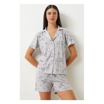 Happiness İstanbul Women's Gray Patterned Viscose Shorts Shirt Pajama Set