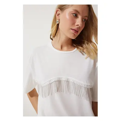 Happiness İstanbul Women's White Chain Detailed Oversize Knitted T-Shirt