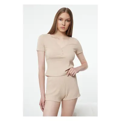 Trendyol Beige Button Detailed Ribbed Knitted Pajama Set