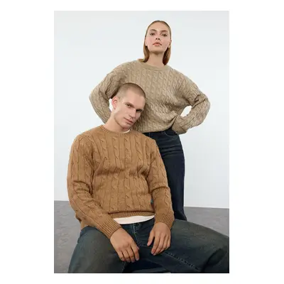 Trendyol Camel Unisex Couple/Double Crew Neck Hair Knitted Sweater