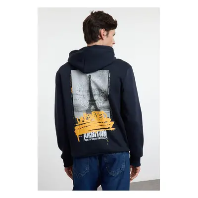 Trendyol Navy Blue Regular/Normal Cut Back Printed Hooded Sweatshirt