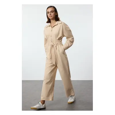 Trendyol Camel Belted Waist Detailed Shirt Collar Long Jumpsuit