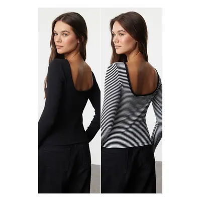 Trendyol Black Plain and Striped Fitted, Low-cut Back, Ribbed, Stretchy Knitted Blouse