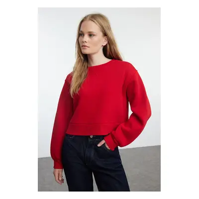 Trendyol Red Thick Fleece Inside Relaxed/Wide Fit Crop Basic Knitted Sweatshirt