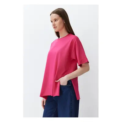 Trendyol Pink 100% Cotton Double Sleeve Asymmetrical Boyfriend Knitted T-Shirt