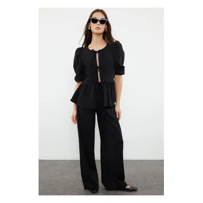 Trendyol Black Textured Fabric Lacing Detailed Balloon Sleeve Woven Blouse-Pants Set