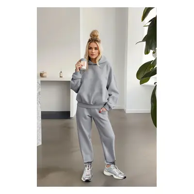 Trendyol Gray Melange Thick Fleece Hooded Oversize/Comfortable Cut Knitted Tracksuit Set