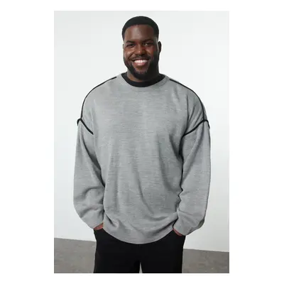 Trendyol Gray FL Men's Oversize Crew Neck Plain Knitwear Plus Size Sweater