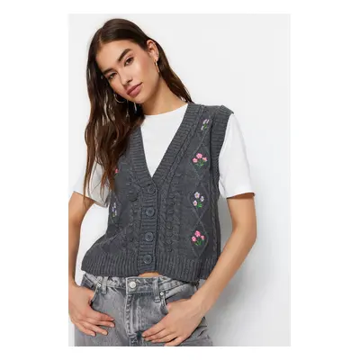 Trendyol Anthracite Floral Embroidery Detailed Knit Vest