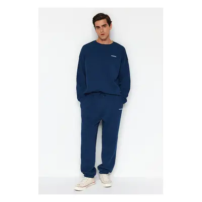 Trendyol Indigo Oversize/Wide Cut Text Printed Warm Sweatshirt Tracksuit