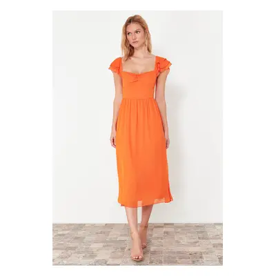 Trendyol Orange Waist Opening Chiffon Lined Midi Woven Dress