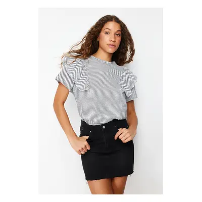 Trendyol Black Ruffled Sleeves Regular/Normal Fit Striped Crew Neck Knitted T-Shirt