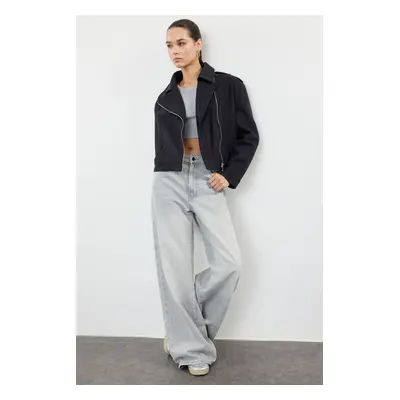 Trendyol Anthracite Regular Pattern Knitted Cashmere Crop Biker Thin Jacket Coat