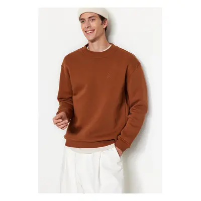 Trendyol Brown Oversize/Wide Cut Half Turtleneck Letter Embroidered Sweatshirt