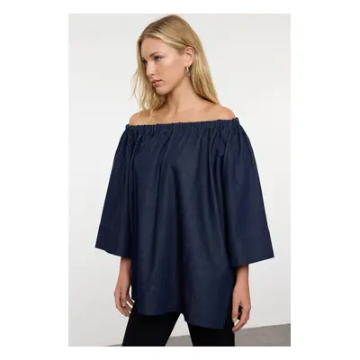 Trendyol Navy Blue Carmen Collar Oversize Denim Blouse