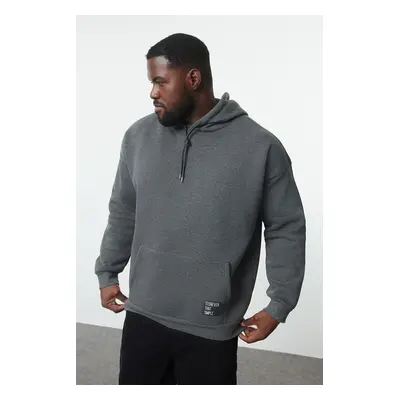 Trendyol Anthracite Plus Size Basic Comfortable Hooded Labeled Polar Fleece Cotton Sweatshirt