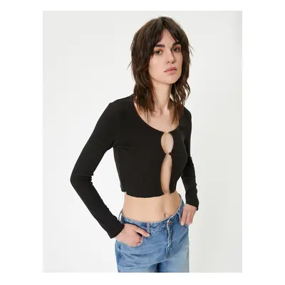 Koton Crop Cardigan Crew Neck Metal Accessory