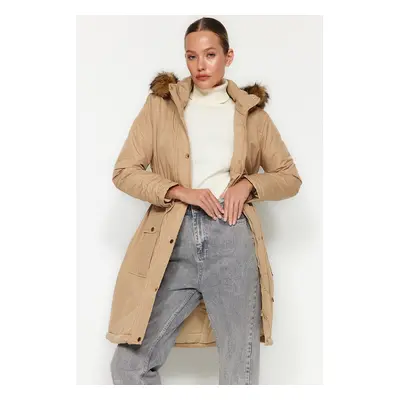 Trendyol Beige Shearling vodoodpudivý dlouhý kabát s kapucí