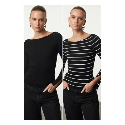 Trendyol Black-Ecru Basic 2-Pack Plain-Striped Knitwear Sweater