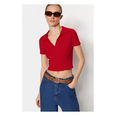 Trendyol Red Fitted/Situated Crop Polo Neck Ribbed Stretch Knitted Blouse