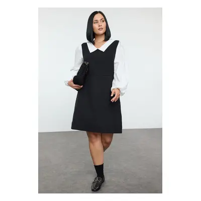 Trendyol Curve Black Shirt Collar Tweed Woven Plus Size Dress