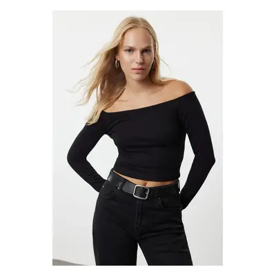 Trendyol Black Plain Carmen Collar Fitted Stretchy Knitted Blouse