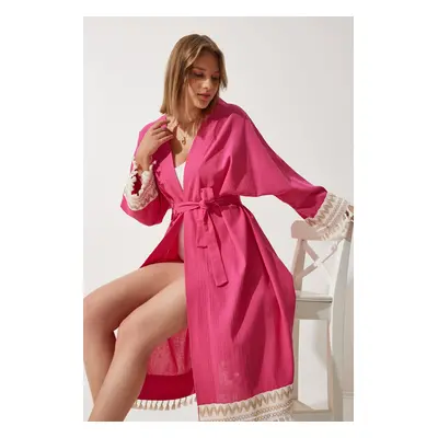 Happiness İstanbul Women's Dark Pink Tassel Guipure Detailed Long Linen Kimono