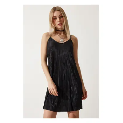 Happiness İstanbul Women's Black Strappy Pleated Summer Mini Knitted Dress