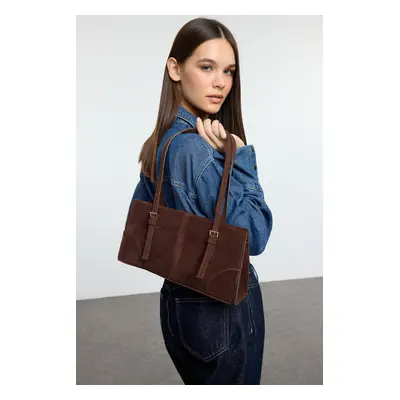 Trendyol Dark Brown Suede Snap Closure Women's Shoulder Bag