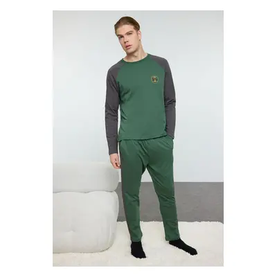 Trendyol Men's Green Raglan Sleeve Regular Fit Knitted 100% Cotton Pajama Set