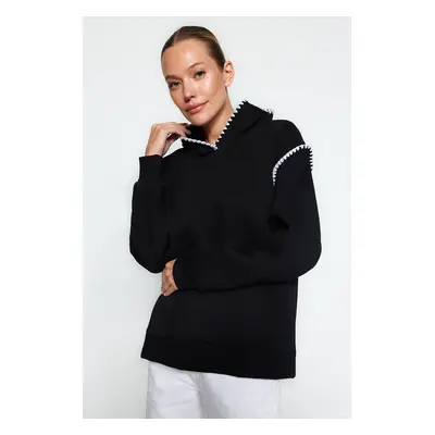 Trendyol Black Crochet Detail Hooded Fleece Inner Knitted Sweatshirt