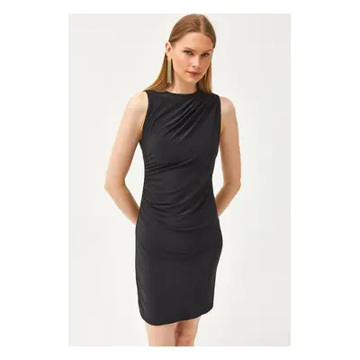 Olalook Women's Black Draped Detail Flexible Mini Dress