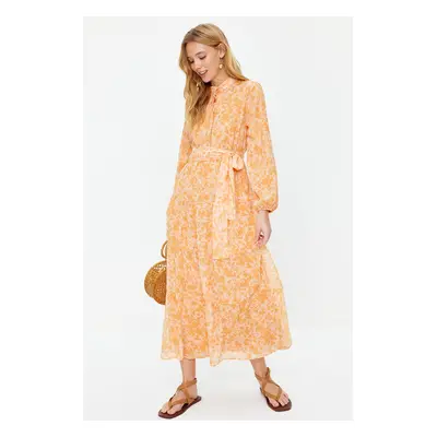 Trendyol Light Orange Patterned Belted High Collar Lined Chiffon Woven Dress